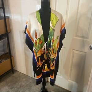 Chico's Kimono Tropical Paradise Bird Vibrant Black Orange Bikini Cover Up NWT